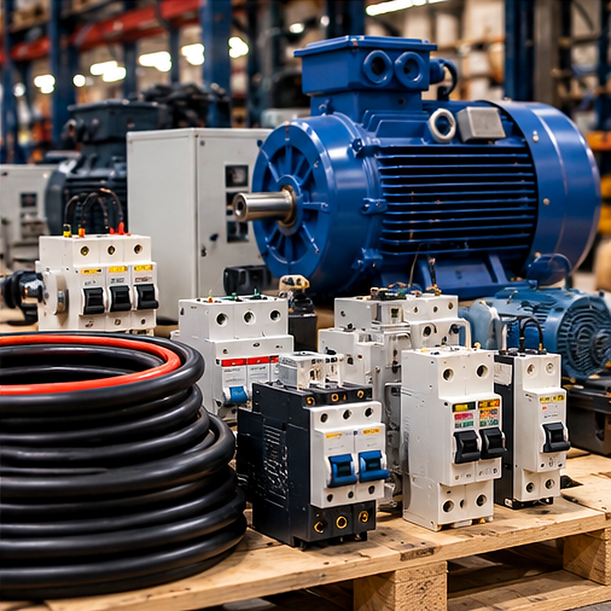 Electrical control components, cables and industrial electric motor