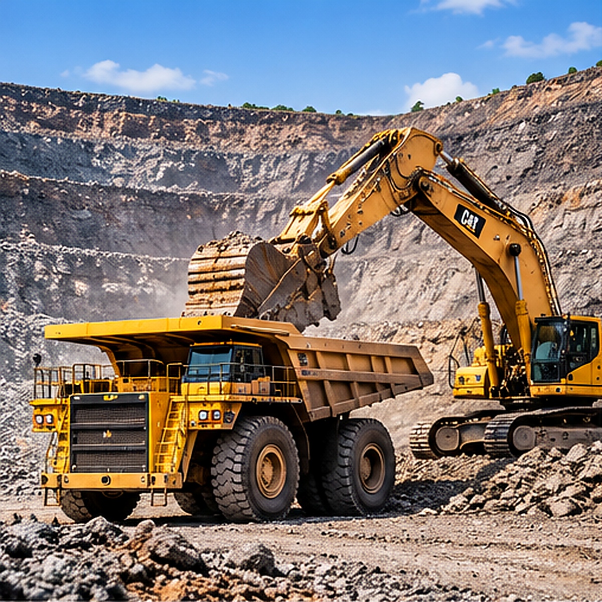 Mining excavator and haul truck at an open-pit mine