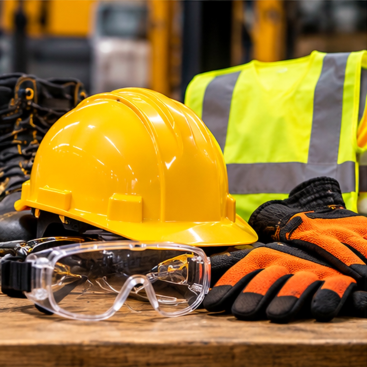 Industrial safety helmet, protective eyewear, gloves and high-visibility vest