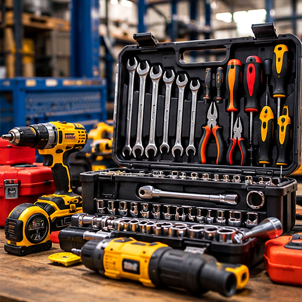 Professional hand tools and power tools in a workshop kit